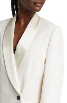 Silky satin with a rich sheen comprises the sophisticated shawl collar of a modern tuxedo-dress punctuated by a single inky button on the asymmetric placket. 34" length (size 4) Front button closure Shawl collar Front flap pockets Lined 50% virgin wool, 47% polyester, 3% spandex Dry clean Imported Modern Tuxedo, Tux Dress, White Tuxedo, Professional Photos, New York Aesthetic, Tuxedo Dress, Long Sleeve Blazers, White Blazer, Black Blazers