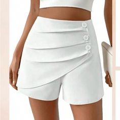 Nwot Shein Button Detail Ruched Front Shorts In White. High Waist Elegant Buttoned Shorts For Spring, Summer Button-up Bottoms With Side Buttons, White High Waist Shorts With Buttons, Fitted White Shorts With Buttons, White Fitted Buttoned Shorts, White Buttoned Shorts For Day Out, Fitted Button Shorts, Fitted Button-up Shorts With Buttons, White Fitted Button-up Bottoms