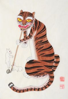 a drawing of a tiger holding a stick and sitting on the ground next to a white cat