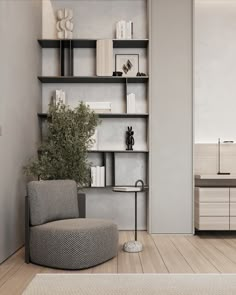 a living room filled with furniture and bookshelves