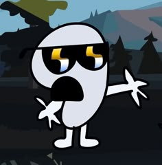 a cartoon character wearing sunglasses and pointing to the side with an airplane in the background