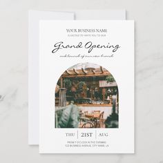 a business card with the words grand opening and an image of a bar in the background