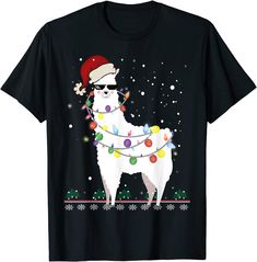 an ugly llama wearing a santa hat and christmas lights t - shirt