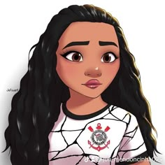 a girl with long black hair wearing a white shirt and red cross on it's chest