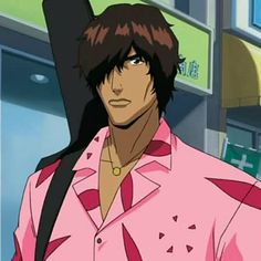 an anime character with long hair and pink shirt standing in front of a storefront