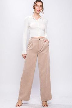 These pants are designed to elevate your everyday style while providing both comfort and sophistication. Crafted with attention to detail, our Corduroy Trouser Pants feature a soft and textured corduroy fabric that adds a touch of warmth and texture to your outfit. The tailored trouser design offers a polished look, making them suitable for both casual and semi-formal occasions. Size + Fit Measurement (inch): S: 13.0 (Waist), 17.5 (Hips), 30.0 (Inseam), 43.0 (Length) M: 13.5 (Waist), 18.0 (Hips) Trendy Beige Corduroy Bottoms, Vest Blouse, Trouser Design, Love Tree, Pants Fit, Tailored Design, Corduroy Fabric, Clothing Size Chart, Trouser Pants