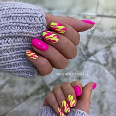 Bright Gel Nail Designs, Multicolor Neon Nails, Crazy Bright Nails, Neon Pink And Yellow Nails Art Designs, Neon Pink Abstract Nails, Vibrant Nails Summer 2024, Bright Gel Nails, Pink Bling Nails, Modern Nails