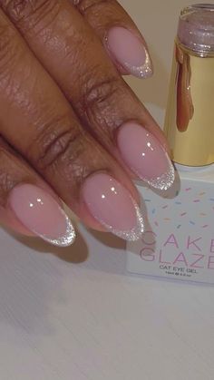 Satin Nails Design, Simple Almond Nails With Gems, Simple Elegant Gel Nails, Almond Gel Extension Nails, Bubble Bath With Glitter Nails, Simple Nail Designs For Wedding Guest, Powdered Nails Dipping, Twilight Nails Ideas, French Tip Bday Nails