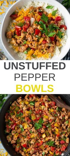 two bowls filled with different types of food and the words unstufffed pepper bowls