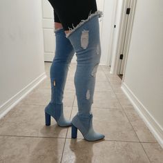 Brand New. Denim Thigh High Boots. Never Worn. Trendy Denim Knee-high Boots, Trendy Knee-high Denim Boots, Fitted Blue Jeans For Winter, Chic Blue Winter Jeans, Blue Thigh-high Boots For Fall, Blue Jeans For Winter, Trendy Spring Bottoms Over The Knee, Trendy Over-the-knee Spring Bottoms, Winter Ripped Fitted Jeans