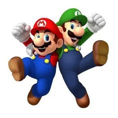 two super mario bros characters are jumping in the air with their arms around each other