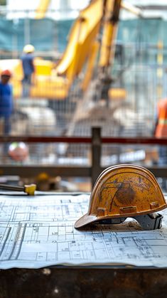 a hard hat sitting on top of a construction plan in front of some other workers