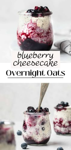 blueberry cheesecake overnight oats in a glass jar