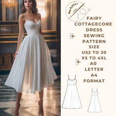 a woman in a white dress standing next to a wall with the words fairy cottage sewing pattern