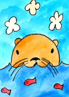 a drawing of a beaver swimming in the water with butterflies flying above him and on his back