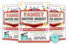 three family movie night flyer templates with popcorn, movies and stars on the sides