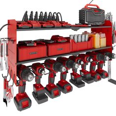 a red tool rack with tools on it