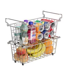 a metal basket filled with fruit and drinks