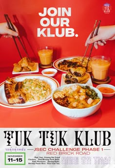 an advertisement for the uk tek klub restaurant with plates of food and chopsticks