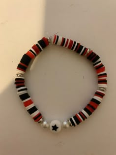 A stretchy vampire bracelet with cute pearls  and a star. Emo Clay Bead Bracelets, Bracelets Inspo Beads, Clay Bead Bracelet Ideas Emo, Cute Clay Beads Bracelet Ideas, Vampire Diaries Bracelet, Red Bracelet Ideas, Clay Bead Bracelets Ideas, Vampire Bracelet, Bracelet Ideas Clay Beads