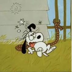 a cartoon dog is running through the grass with his tongue out and eyes open,