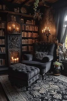 a chair and ottoman in a room with bookshelves, chandelier and candles