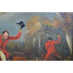 an oil painting of two men in red coats and hats on horseback, one holding a black top hat