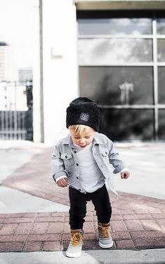 I want this outfit for Benji so bad! I think he should have little Timberlands instead though. Too cute! #mommasboy #jeanjacket #ssCollective #littletims Stylish Boy Clothes, Baby Mode