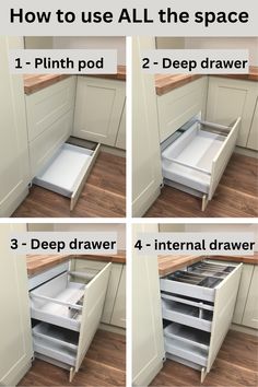 four pictures showing how to use all the space in a kitchen with drawers and pull out shelves