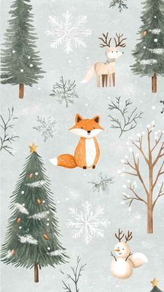 an image of a christmas wallpaper with foxes and trees