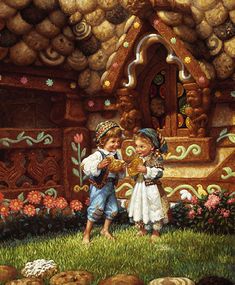 two children are standing in front of a house with flowers and rocks on the ground