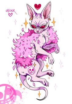 a drawing of a cat with pink hair and skulls on it's back legs