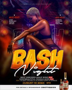 the bash night flyer is shown with an image of a woman sitting on a stool