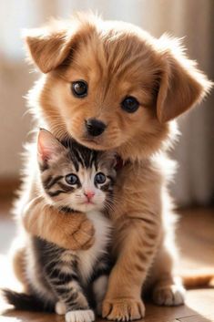 a puppy and kitten are sitting together on the floor