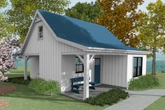 a rendering of a small white house with a blue roof and picnic table in the front yard