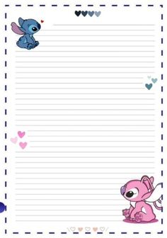 a notepad with a cartoon character on it and hearts around the edges, along with an image of a blue teddy bear