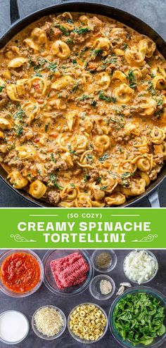 creamy spinach tomato tortelli in a skillet with the title above it