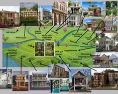 a collage of different houses and streets with arrows pointing to the locations where they are located