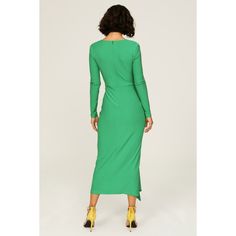 Green jersey (96% Polyester 4% Elastane). Sheath. Long sleeves. Plunge neck. Back zipper closure. 51.5" from shoulder to hemline. Imported. Spring V-neck Maxi Dress, Stretch V-neck Midi Dress With Side Slits, Stretch V-neck Midi Dress With Back Zipper, Stretch Midi Dress With Side Slits And V-neck, Green Midi-length Bodycon Dress, V-neck Bodycon Dress With Back Zipper, Chic V-neck Bodycon Dress With Side Zipper, Green V-neck Elastane Dress, Bodycon V-neck Dress With Side Zipper