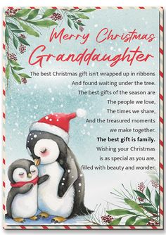 a christmas card with an image of two penguins and the words, merry christmas granddaughter