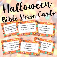 three halloween bible verse cards with candy candies in the background and text on them