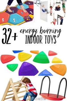 children playing with toys in the playroom, and text overlay reads 32 energy burning indoor toys