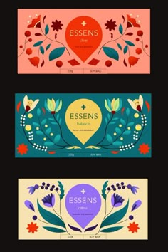 three colorful banners with flowers and leaves on the bottom, one is for essens