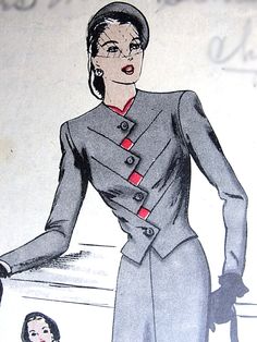 1940s FILM NOIR Style Unique Suit and Dickey Pattern VOGUE Special Design 4553 Diagonal Zig Zag Closing Jacket, Slim Skirt Bust 30 Vintage Sewing Pattern 1940s Film Noir, Unique Suits, Vintage Vogue Sewing Patterns, Slim Skirt, Fur Coat Vintage, Design Moda, Suit Pattern, Vogue Sewing Patterns