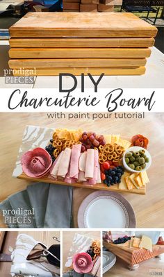 the diy charcutete board is made with paint pours and other ingredients