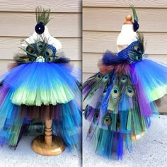 two pictures of a peacock tutule dress on a mannequin