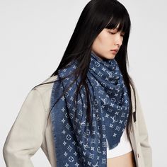 LOUIS VUITTON® - My Daily Denim Shawl - Blue Louis Vuitton Scarves, Denim Shawl, Lv Scarf, Louis Vuitton Paris, Louis Vuitton Scarf, Soft Fringe, Louis Vuitton Official, Denim Accessories, Cold Weather Accessories