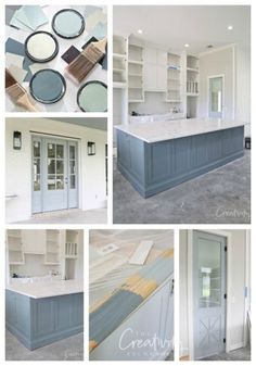 several different pictures of kitchen cabinets and doors with paint colors on them, including blue