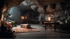 a dimly lit room with a couch and table in the corner, surrounded by large rocks