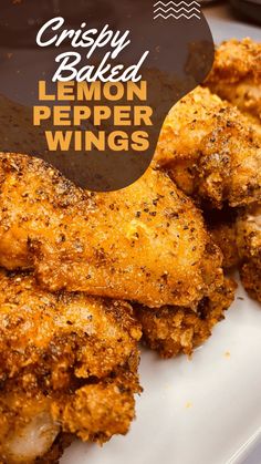 crispy baked lemon pepper wings on a white plate with text overlay that reads, crispy baked lemon pepper wings